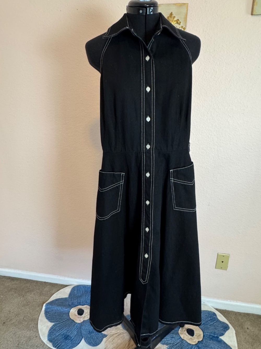 Vintage Ralph Lauren Black Denim Sleeveless Halter Midi Dress with Pockets Sz 16 - Picture 7 of 13